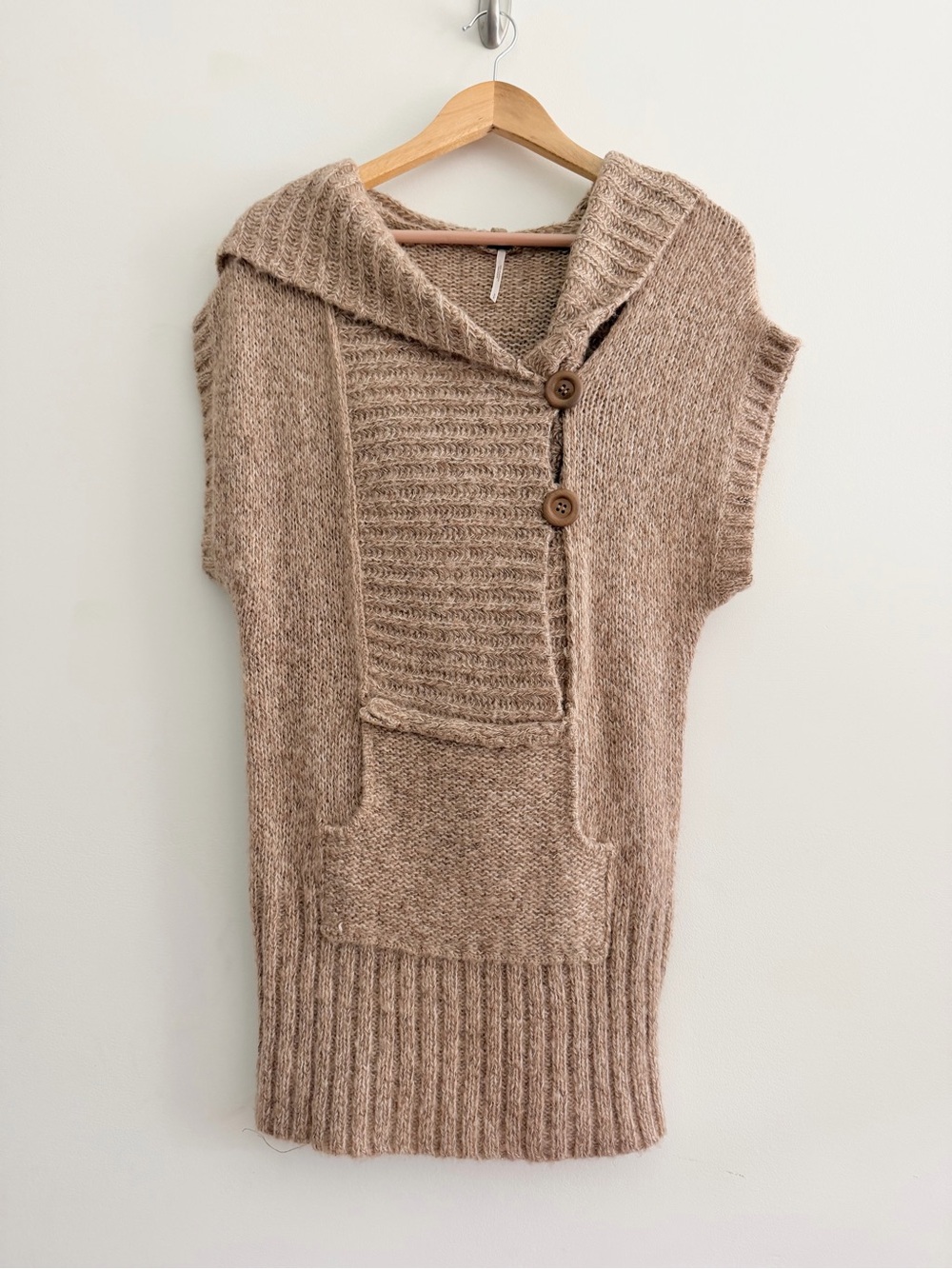 Free People Cozy Hooded Knit Tunic Sleeveless Sweater in Light Brown Beige Small